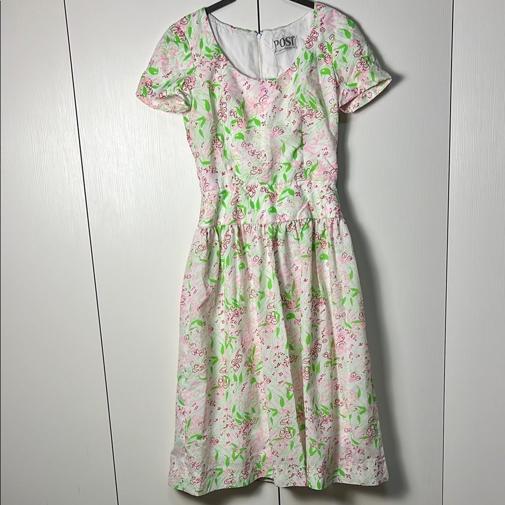 Posh spring vintage 1960’s Pink and Green short Sleeve Midi Sundress